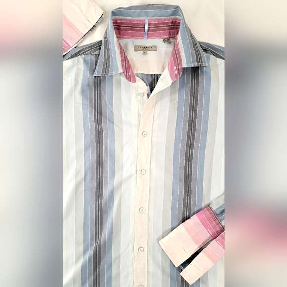 Mens Ted Baker Blue Pink Stripe Buttondown French Cuff Cotton Dress Shirt 4 L - Picture 2 of 15